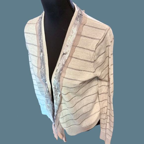 Ann Taylor LOFT Sequin Gray Metallic Striped Beige Cardigan - Picture 3 of 8